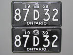 1939 YOM Clear Ontario License Plates